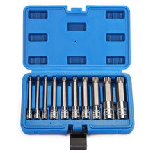 Load image into Gallery viewer, CASOMAN 10 Piece Spline Tip Bit Socket Set, M-Type, S2 and Cr-V Steel, Extra Long 4'' Length, M4-M18, XZN Triple Square Spline Bit Socket Set