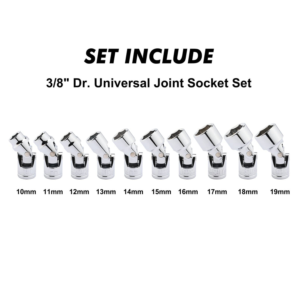 CASOMAN 3/8" Drive Universal Joint Socket Set- 10 Piece Flex Socket Set, 6-Point, Cr-V, Metric, 10-19mm