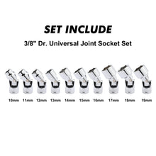 Load image into Gallery viewer, CASOMAN 3/8" Drive Universal Joint Socket Set- 10 Piece Flex Socket Set, 6-Point, Cr-V, Metric, 10-19mm