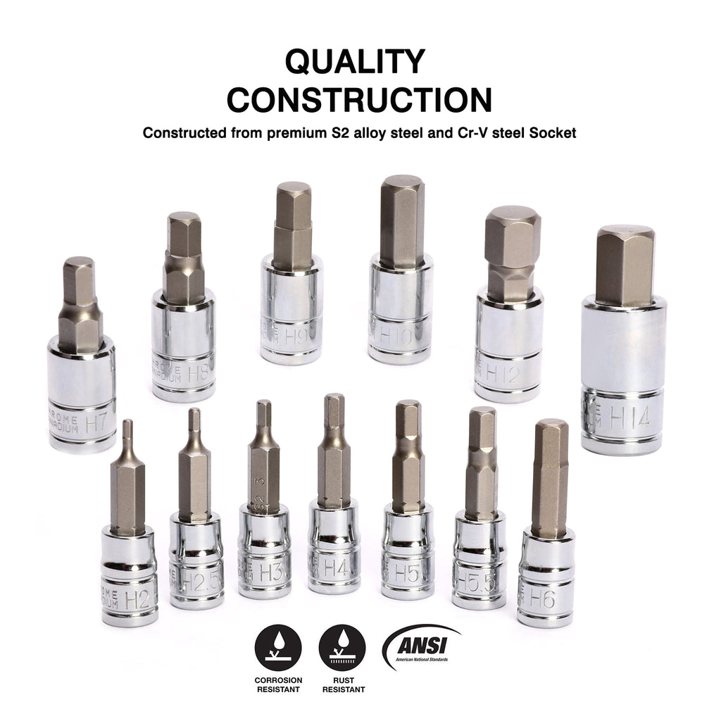 CASOMAN 13 Piece Hex Bit Socket Set, Metric, 2 mm-14 mm, S2 Steel Allen Bit Socket Kit