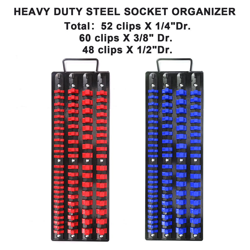CASOMAN 80-Piece Portable Socket Organizer Tray, 2 Pcs Set, Blue & Red, 1/4-Inch, 3/8-Inch, 1/2-Inch,Heavy Duty Socket Organizer, Black Rails