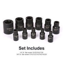 Load image into Gallery viewer, CASOMAN 11PCS Female Torx Socket Set, E Torx &amp; Star Socket Set with Rail, E4 - E20 Torque Sockets