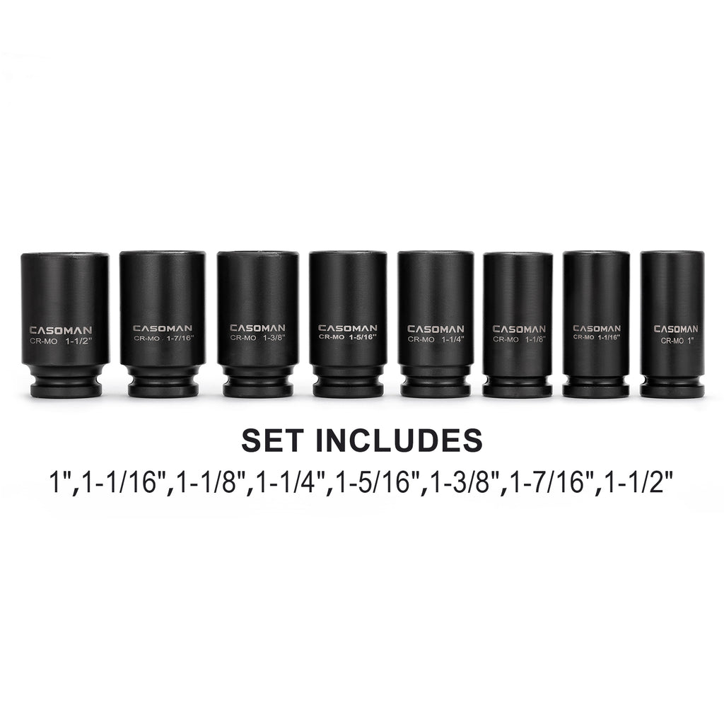 CASOMAN 3/4" Drive Deep Impact Socket Set, 8 Piece Set, SAE Sizes (1-Inch to 1-1/2-Inch), 6 Point, 3/4" Dr. Heavy Duty Impact Socket Set