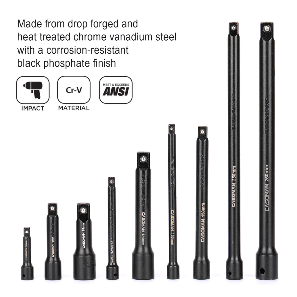CASOMAN 9 Pieces Extension Bar Set, 1/4", 3/8" and 1/2" Drive Socket Extension, Premium Chrome Vanadium Steel with Black Phosphate Finish
