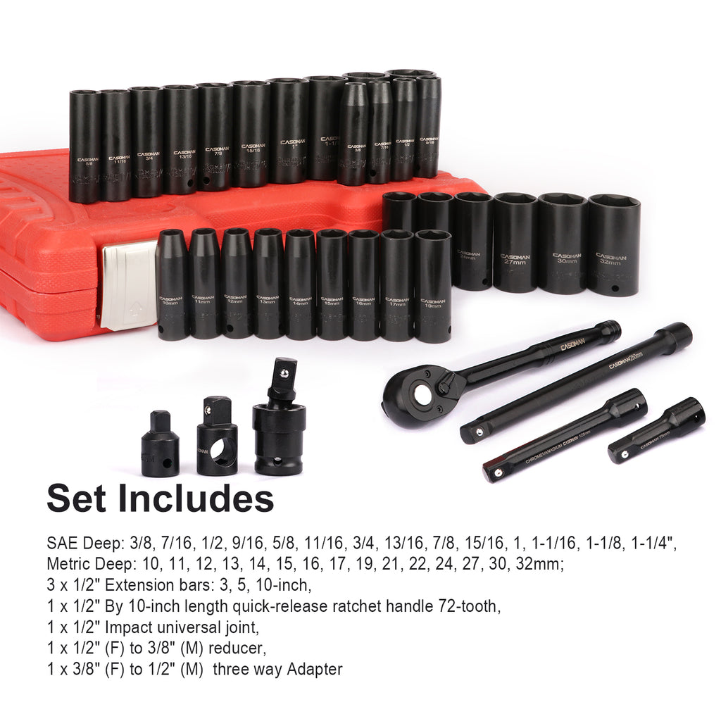 CASOMAN 1/2" Drive Master Impact Socket Set, 36 Piece Deep