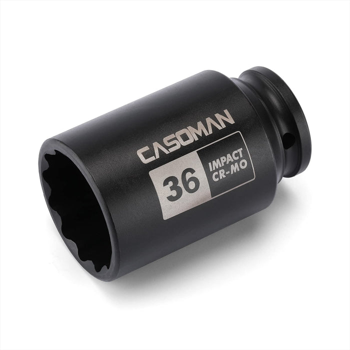 CASOMAN 1/2" Drive x 36 mm Deep 12 PT Impact Socket, CR-MO, 1/2-inch Drive 12 Point Axle Nut Socket for Easy Removal of Axle Shaft Nuts (36MM)