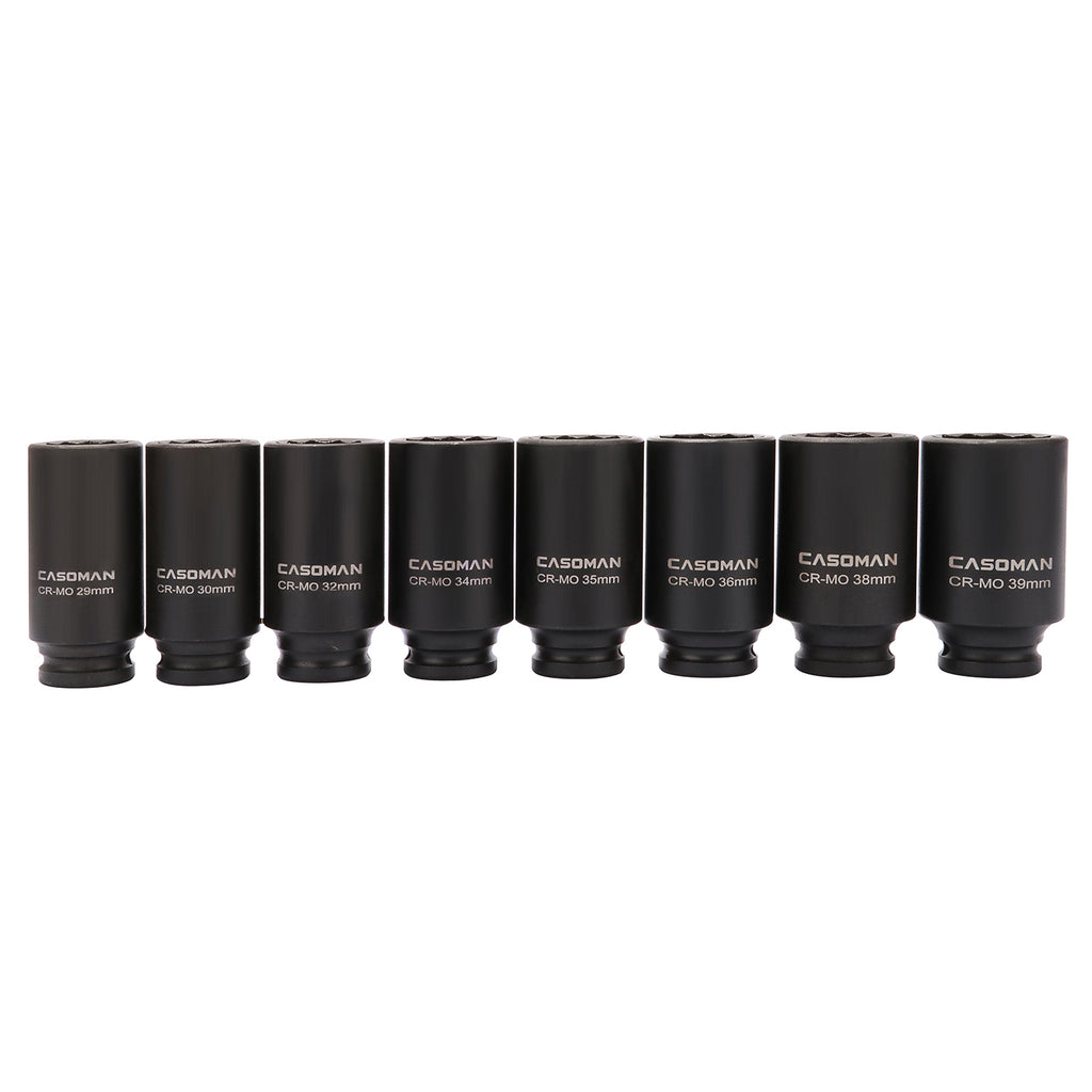 CASOMAN 1/2-Inch Drive Deep Spindle Axle Nut Impact Socket Set,12 Point, 8 Piece 1/2" Heavy Duty Impact Socket Set