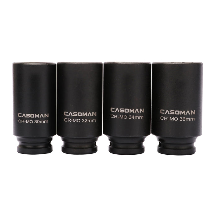CASOMAN 1/2-Inch Drive Deep Spindle Axle Nut Impact Socket Set,12 Point, Metric, CR-MO, 30,32,34,36mm, 4-Piece 1/2" Heavy Duty Impact Socket Set