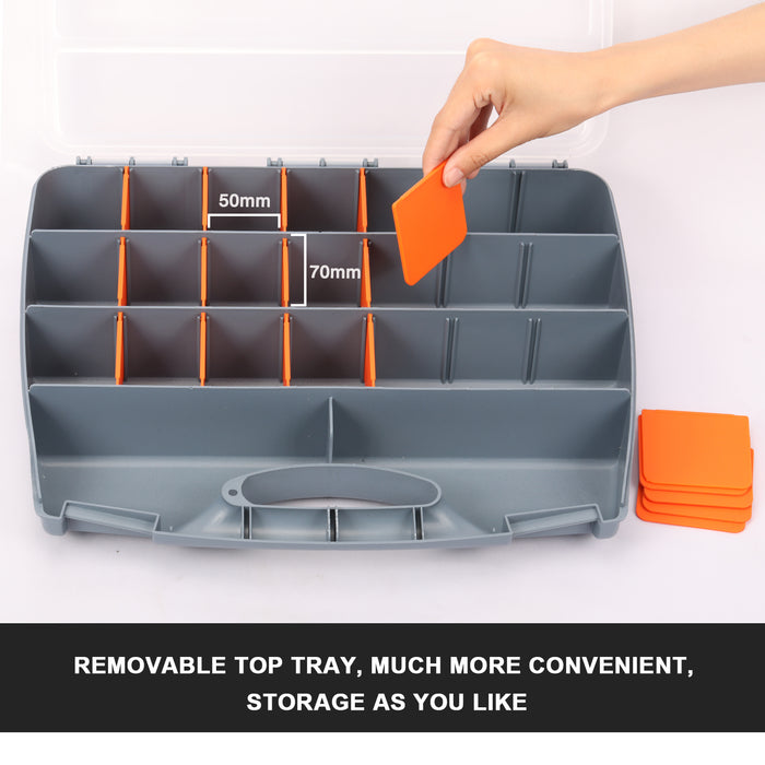 CASOMAN Hardware Box Storage. Organizer Container with Handle and Clear Lid, 21 Adjustable Compartments and 2 Fixed Sections Excellent for Small Parts