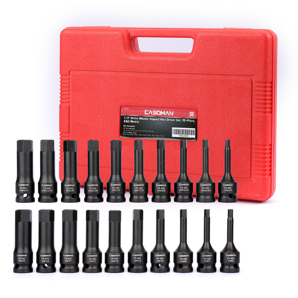 CASOMAN 1/2" Drive Master Impact Hex Bit Set, Hex Driver, SAE/Metric, 1/4" - 3/4", 6mm - 19mm, 20-Piece 1/2" Drive Allen Bit Socket Set