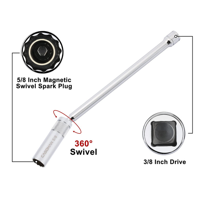 CASOMAN 6PCS 3/8-Inch Drive Magnetic Swivel Spark Plug Socket Set, Include 9/16-Inch, 5/8-Inch, 13/16-Inch, 14mm Socket, Length: 4-Inch, 6-Inch, 11-Inch, 12-Point, CR-V