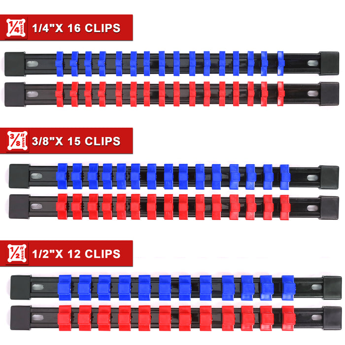 CASOMAN 6PC ABS Socket Organizer, 1/4-Inch, 3/8-Inch, 1/2-Inch, Premium Quality Socket Holders (6-Piece Set, Blue & Red)