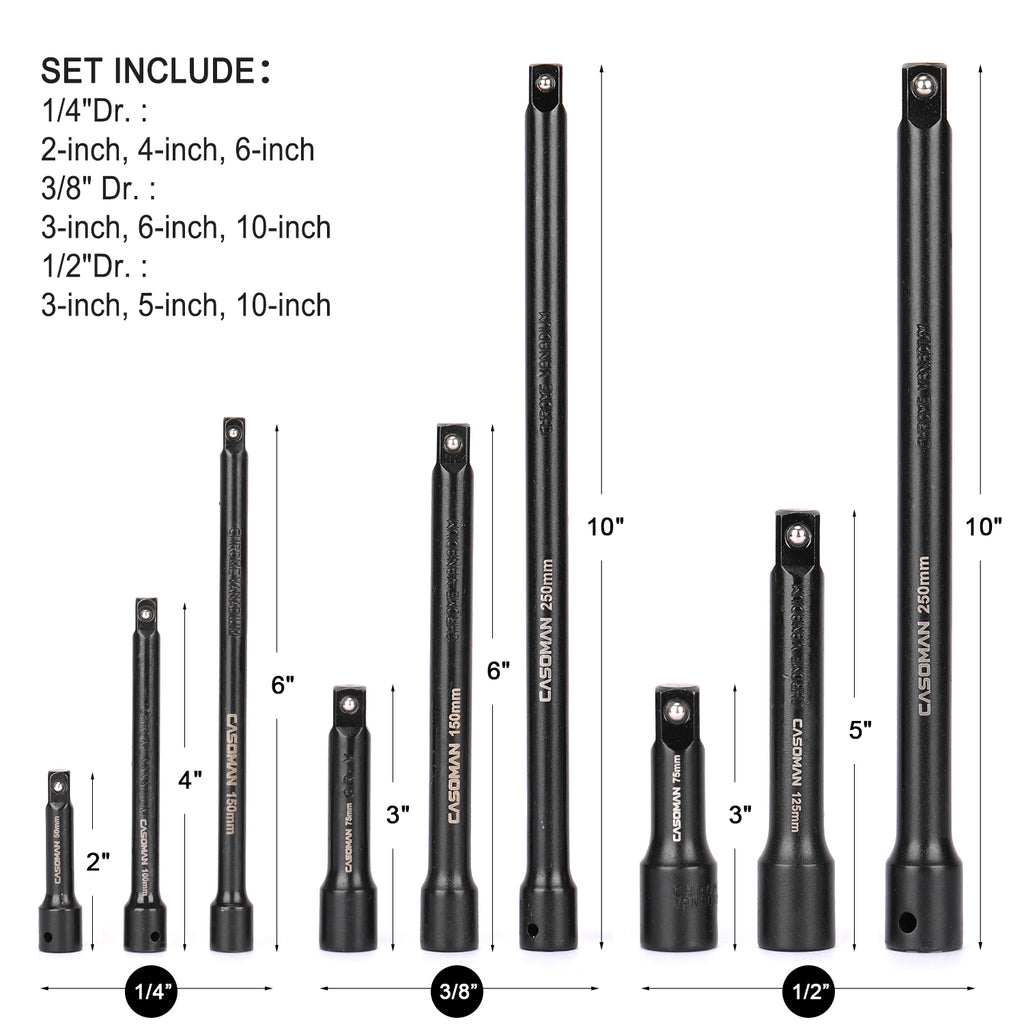 CASOMAN 9 Pieces Extension Bar Set, 1/4", 3/8" and 1/2" Drive Socket Extension, Premium Chrome Vanadium Steel with Black Phosphate Finish