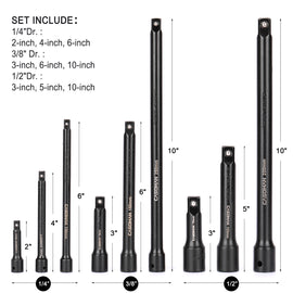 CASOMAN 9-Piece Socket Extension Bar Set, 1/4-, 3/8- & 1/2-Inch Drive, CR-V, Black Phosphate Finish