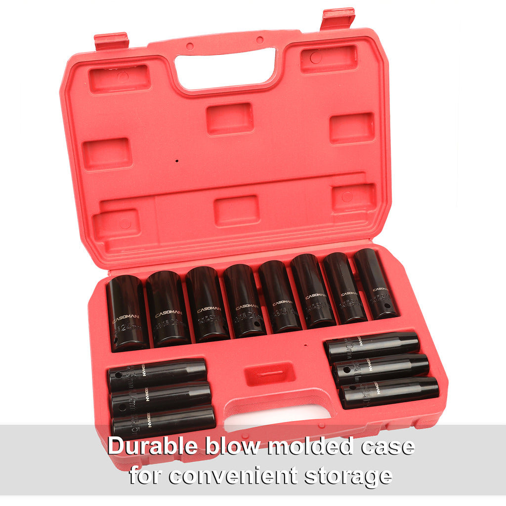 CASOMAN 1/2-Inch Drive Deep Impact Socket Set, Metric, Cr-V, 6-Point, 10 mm - 24 mm, 14-Sockets Set