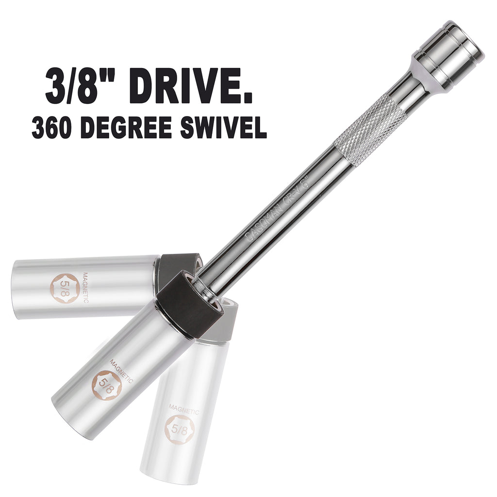CASOMAN 5/8" Swivel Magnetic Spark Plug Socket, 3/8" Drive x 8-Inch Ext. Bar Length, 360 Degree Swivel, Enhanced Magnetic Design, 6 Point, Cr-V Steel
