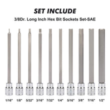 Load image into Gallery viewer, CASOMAN 10 Pieces 3/8 Inch Drive Long Hex Bit Socket Set, 1/16 Inch to 1/2 Inch, SAE, Extra Long Allen Hex Bit Socket Set, CR-V and S2 Steel