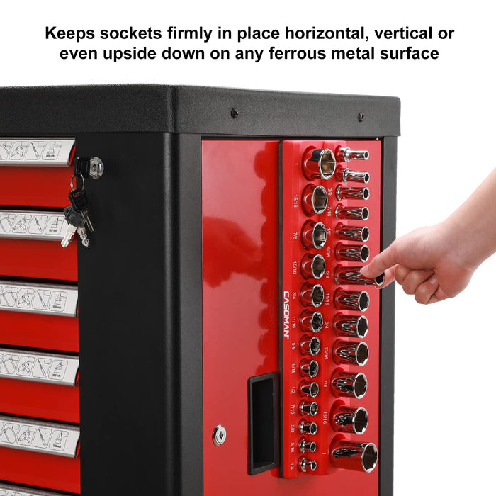 CASOMAN 2PCS 3/8-Inch Magnetic Socket Organizer, Holds 30 Metric & 26 SAE Sockets, Blue & Red, Magnetic Socket Holder