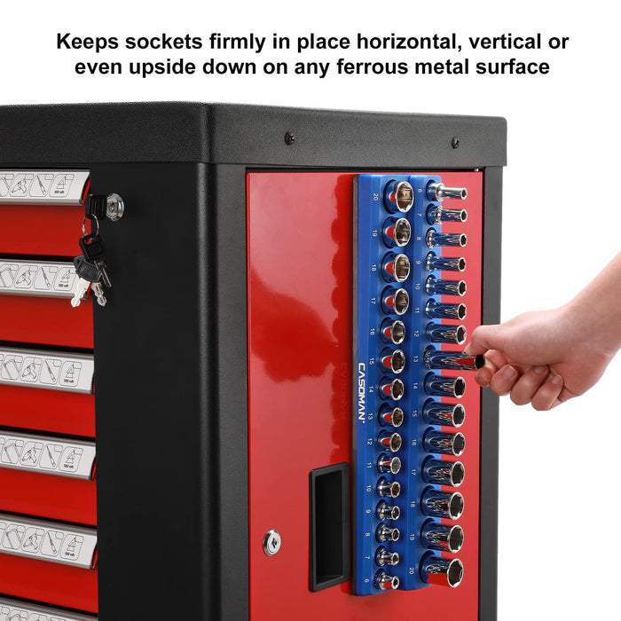 CASOMAN 2PCS 3/8-Inch Magnetic Socket Organizer, Holds 30 Metric & 26 SAE Sockets, Blue & Red, Magnetic Socket Holder