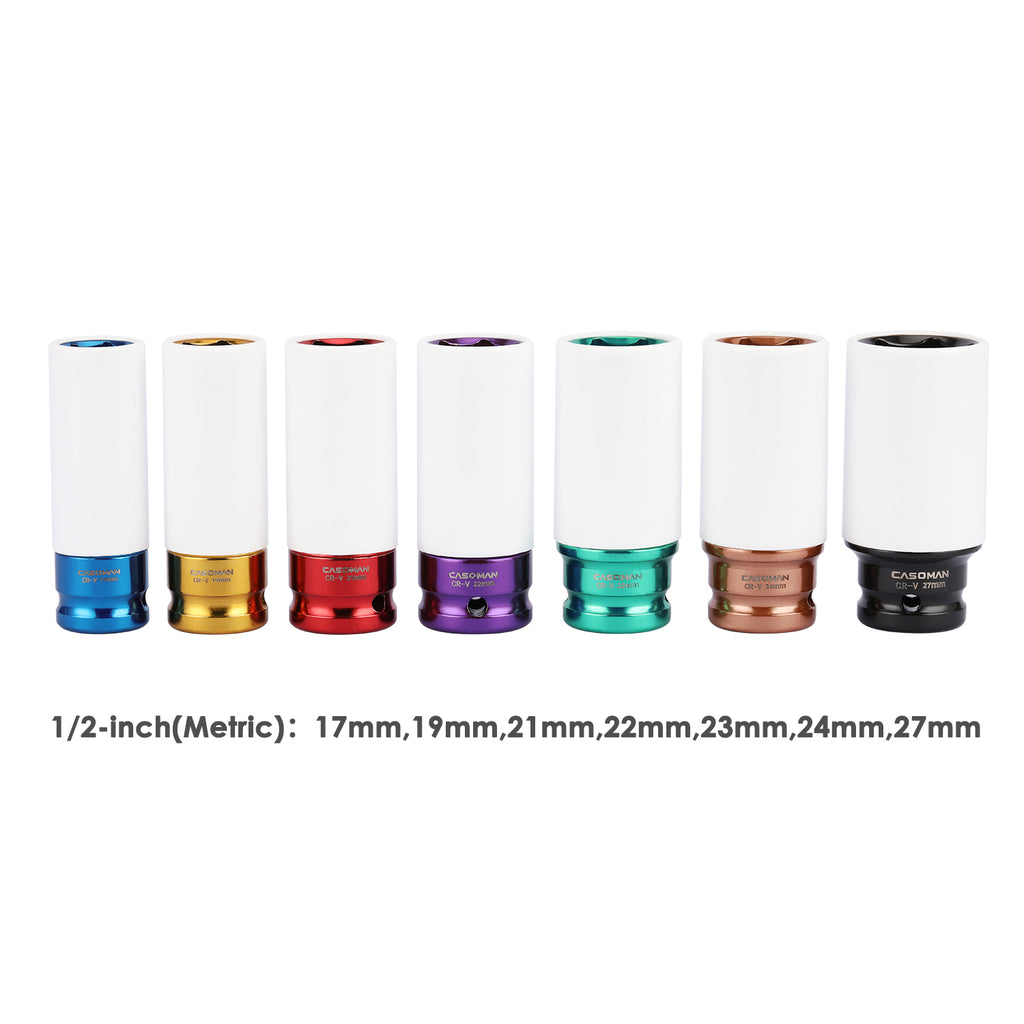 CASOMAN 1/2- Inch Drive Wheel Protector Impact Socket, Extra Thin Wall, Rim Protect Sleeves, 6 Point, Metric,17mm,19mm,21mm,22mm,23mm,24mm,27mm, 7 Pieces Set