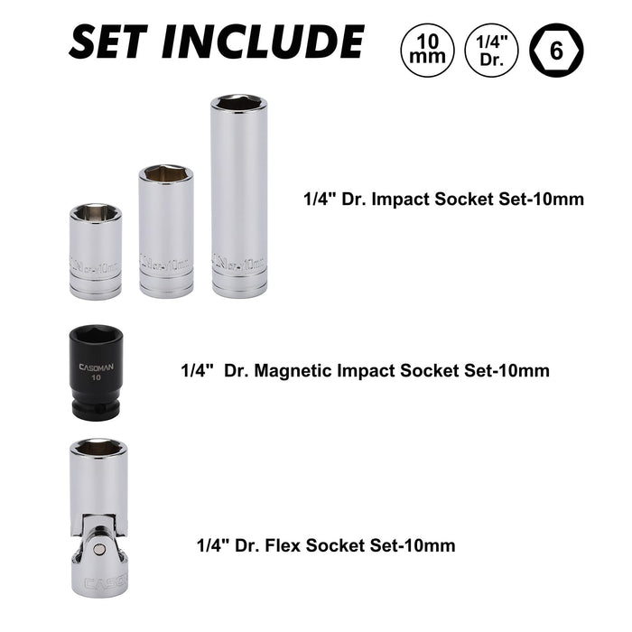 CASOMAN 10Pcs Impact Socket & Flex Socket Set, 1/4" & 3/8" Dr., 6-Point, 10mm, Metric, Include Magnetic impacet Socket, Storage Rail