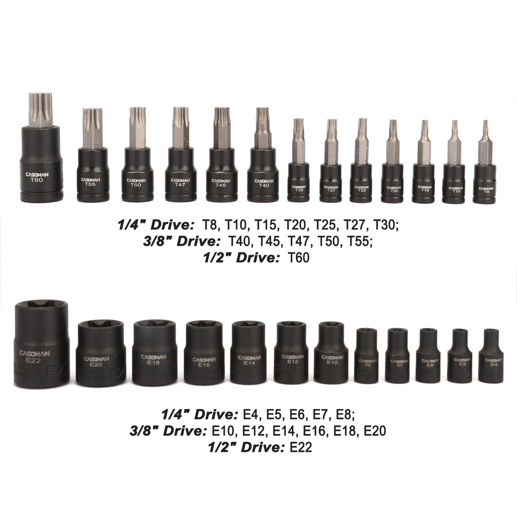 CASOMAN 25 Piece Torx Bit Socket and External Socket Set, 13 Star Socket Bits (T8- T60)& 12 Female E-Torx Sockets (E4-E22)