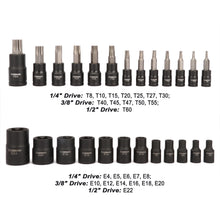 Load image into Gallery viewer, CASOMAN 25 Piece Torx Bit Socket and External Socket Set, 13 Star Socket Bits (T8- T60)&amp; 12 Female E-Torx Sockets (E4-E22)