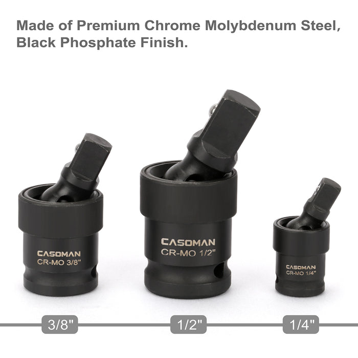 CASOMAN 3-Piece Impact Universal Joint Set - 1/4", 3/8" and 1/2" Drive, CR-MO, Impact Grade, U-Joint Sockets Swivel