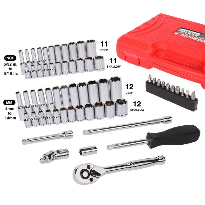 CASOMAN 1/4-Inch Drive Master Socket Set with Ratchets,Universal Joint, Extensions with 1/4’‘ Dr. Bits Set