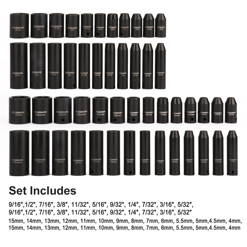 CASOMAN 1/4 Inch Drive Master Impact Socket Set, 50-Piece, SAE/Metric, 5/32 Inch - 9/16 Inch, 4mm - 15mm, Shallow/Deep,CR-V