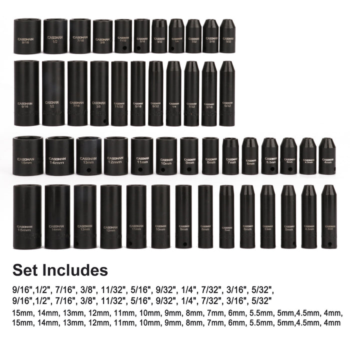 CASOMAN 1/4 Inch Drive Master Impact Socket Set, 50-Piece, SAE/Metric, 5/32 Inch - 9/16 Inch, 4mm - 15mm, Shallow/Deep,CR-V