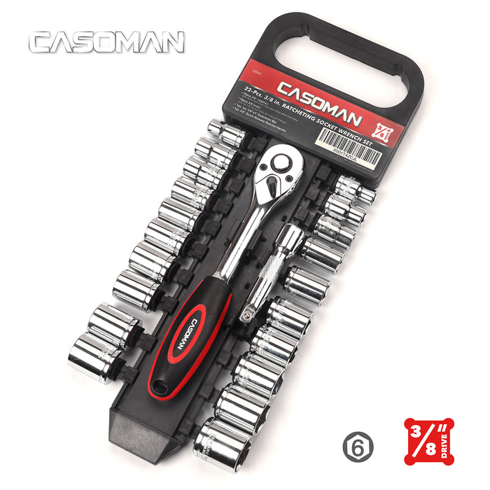CASOMAN 3/8-Inch Drive Socket Set with Quick Release Ratchet Wrench Set, 22 Pieces Socket Set