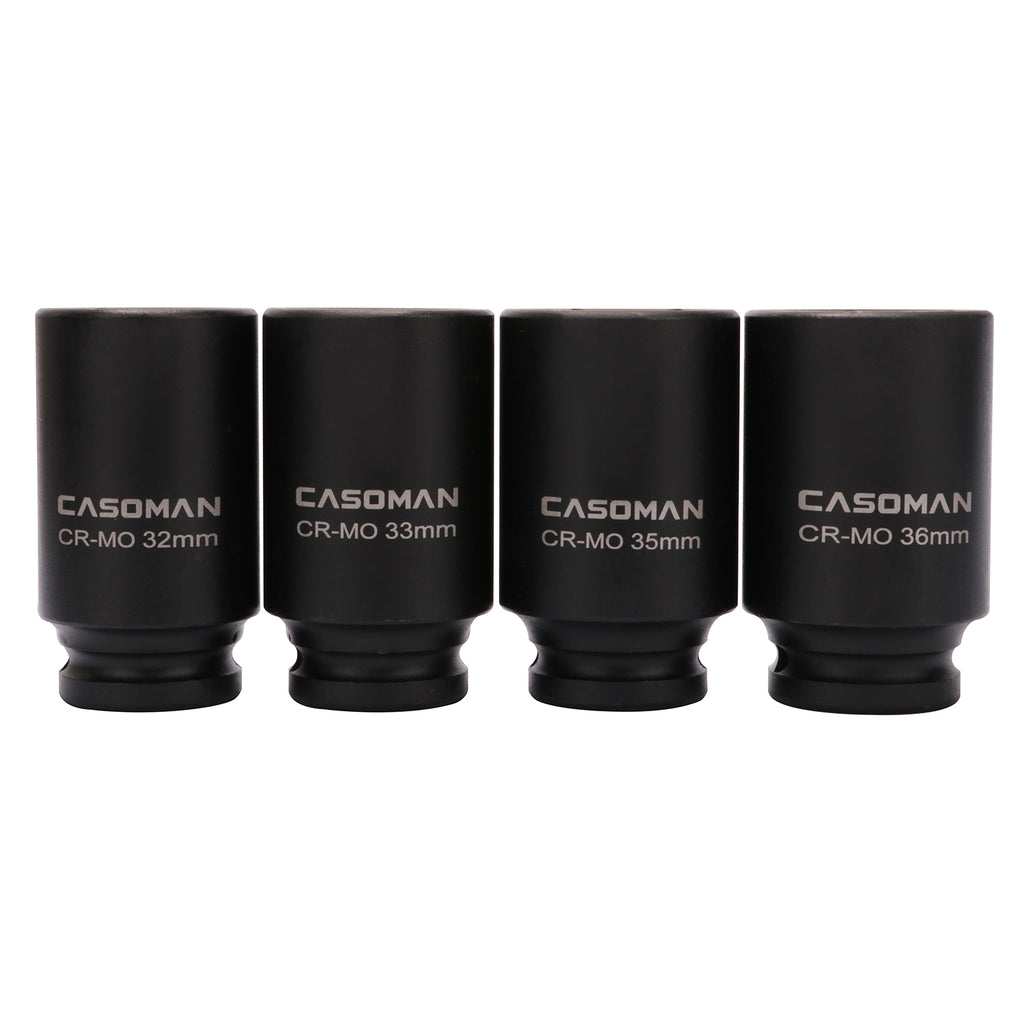 CASOMAN 1/2'' Drive Deep Spindle Axle Nut Impact Socket Set, 6 Point,Heavy Duty Use In Removing And Installing Axle Nuts