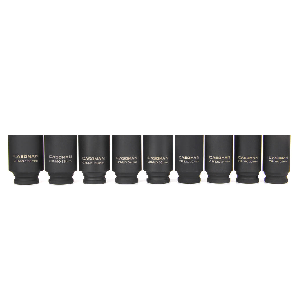 CASOMAN 1/2- Inch Drive Deep Spindle Axle Nut Impact Socket Set, 6 Point, CR-MO, Metric, 29mm-38mm, 9-Piece 1/2" Dr. Deep Impact Socket Set