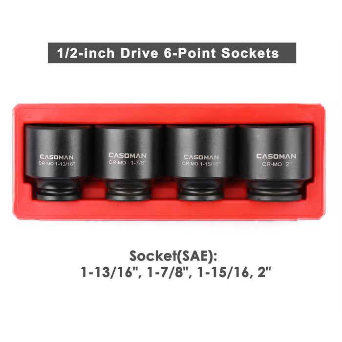 CASOMAN 1/2'' Drive Spindle Axle Nut Impact Socket Set, 6 Point,4PC 1/2-Inch Impact Socket Set