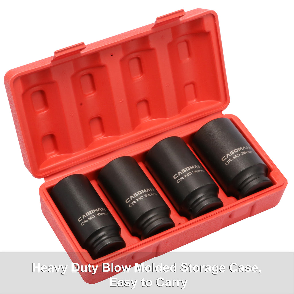 CASOMAN 1/2-Inch Drive Deep Spindle Axle Nut Impact Socket Set,12 Point, Metric, CR-MO, 30,32,34,36mm, 4-Piece 1/2" Heavy Duty Impact Socket Set