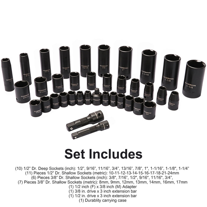 CASOMAN 3/8-Inch and 1/2-Inch Drive Impact Socket Set, SAE (inch) /Metric (mm), 38-Piece Set