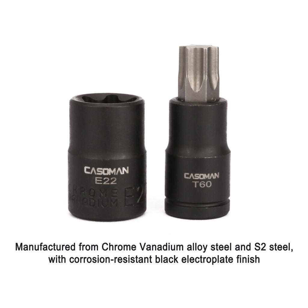CASOMAN 25 Piece Torx Bit Socket and External Socket Set, 13 Star Socket Bits (T8- T60)& 12 Female E-Torx Sockets (E4-E22)