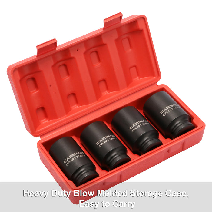 CASOMAN 1/2'' Drive Deep Spindle Axle Nut Impact Socket Set, 6 Point,Heavy Duty Use In Removing And Installing Axle Nuts