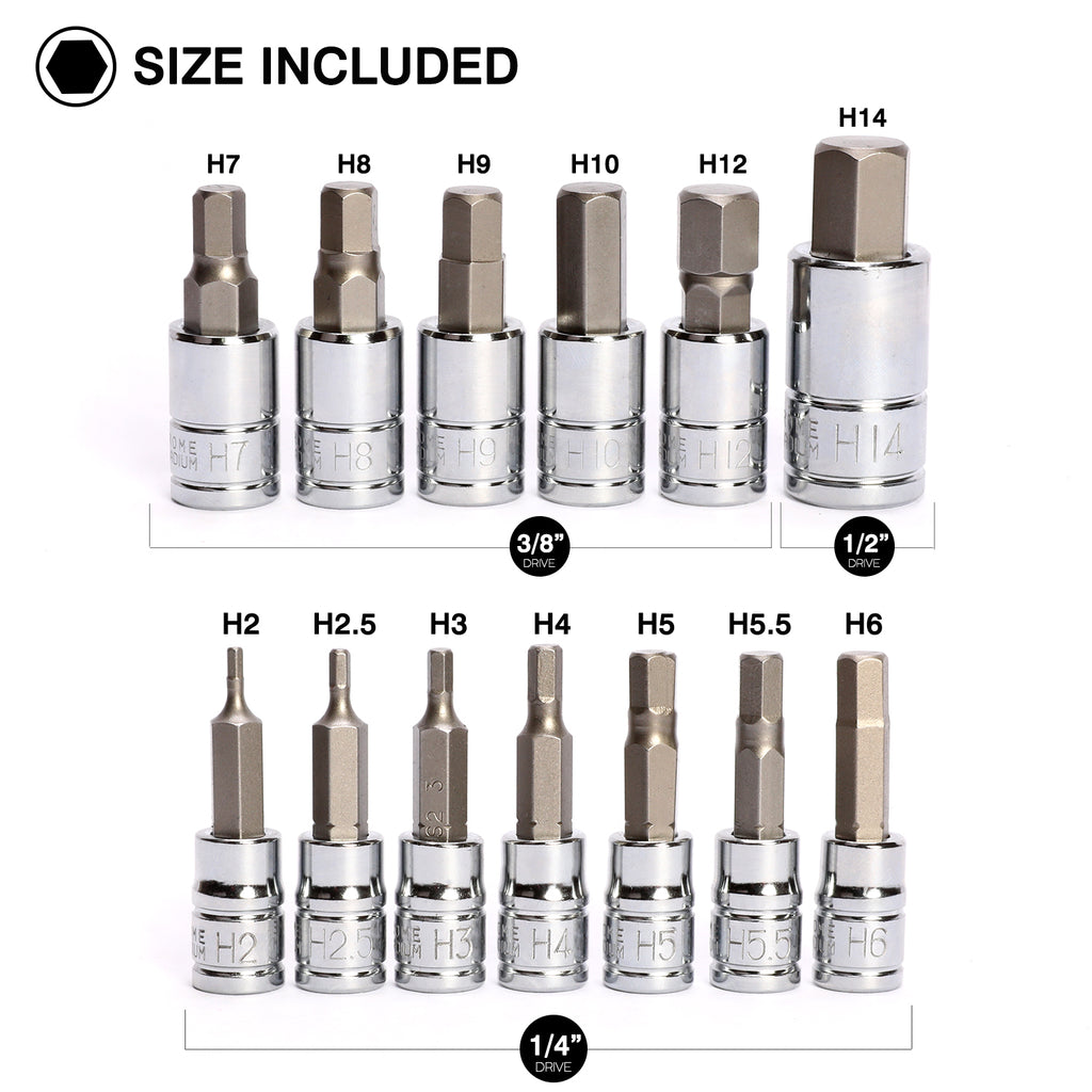CASOMAN 13 Piece Hex Bit Socket Set, Metric, 2 mm-14 mm, S2 Steel Allen Bit Socket Kit
