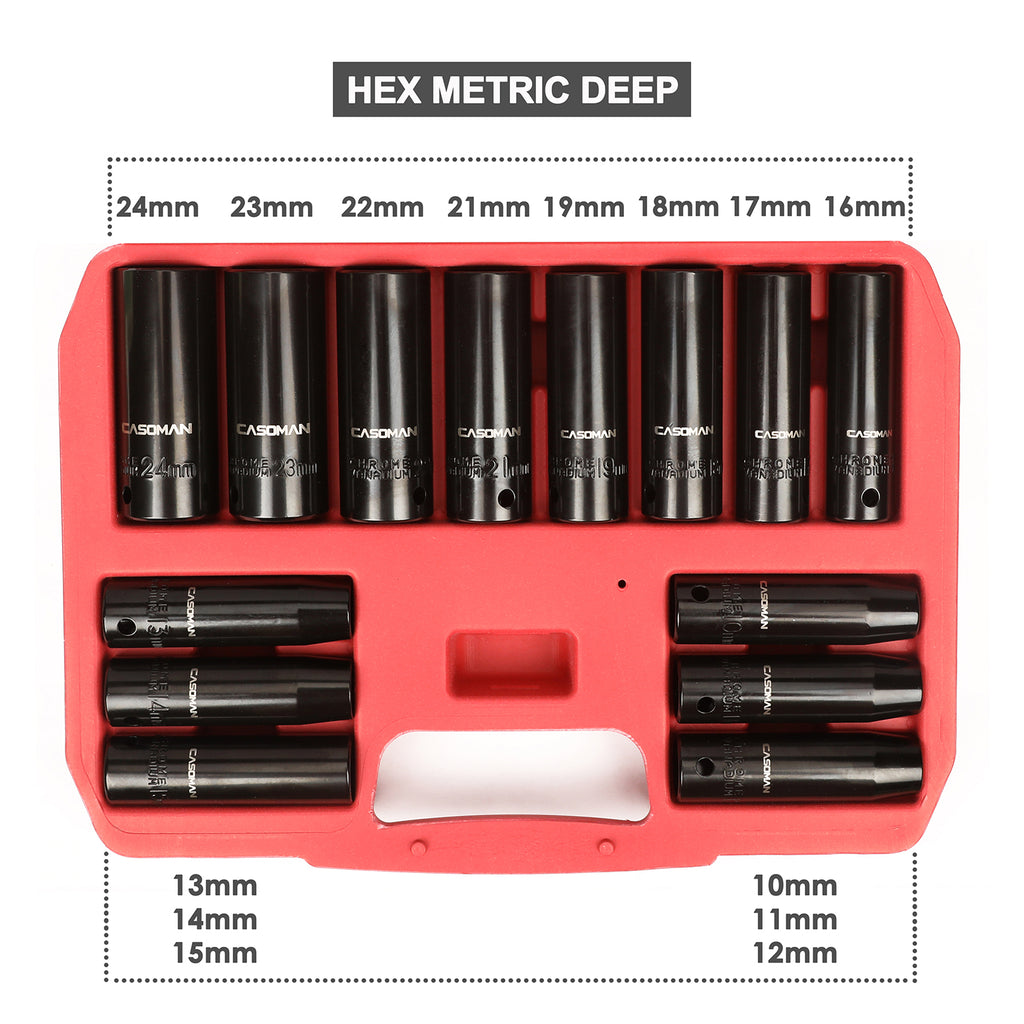 CASOMAN 1/2-Inch Drive Deep Impact Socket Set, Metric, Cr-V, 6-Point, 10 mm - 24 mm, 14-Sockets Set