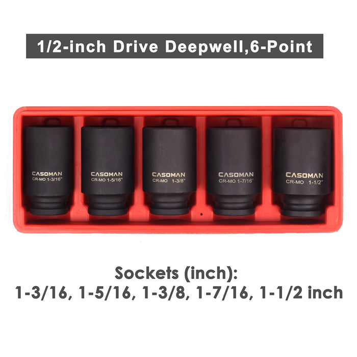 CASOMAN 1/2-Inch Drive Deep Spindle Axle Nut Impact Socket Set, 1/2" Drive Deep Impact Socket Set, 5 Piece Axle Socket Set