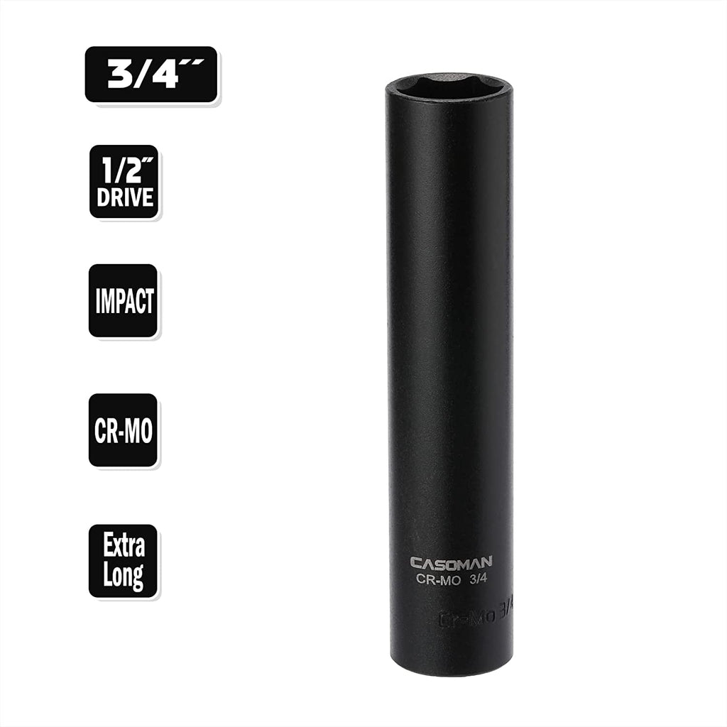 CASOMAN 1/2-Inch Drive Extra Deep Socket (3/4"), CR-MO, SAE, 6-Point, Extra Long