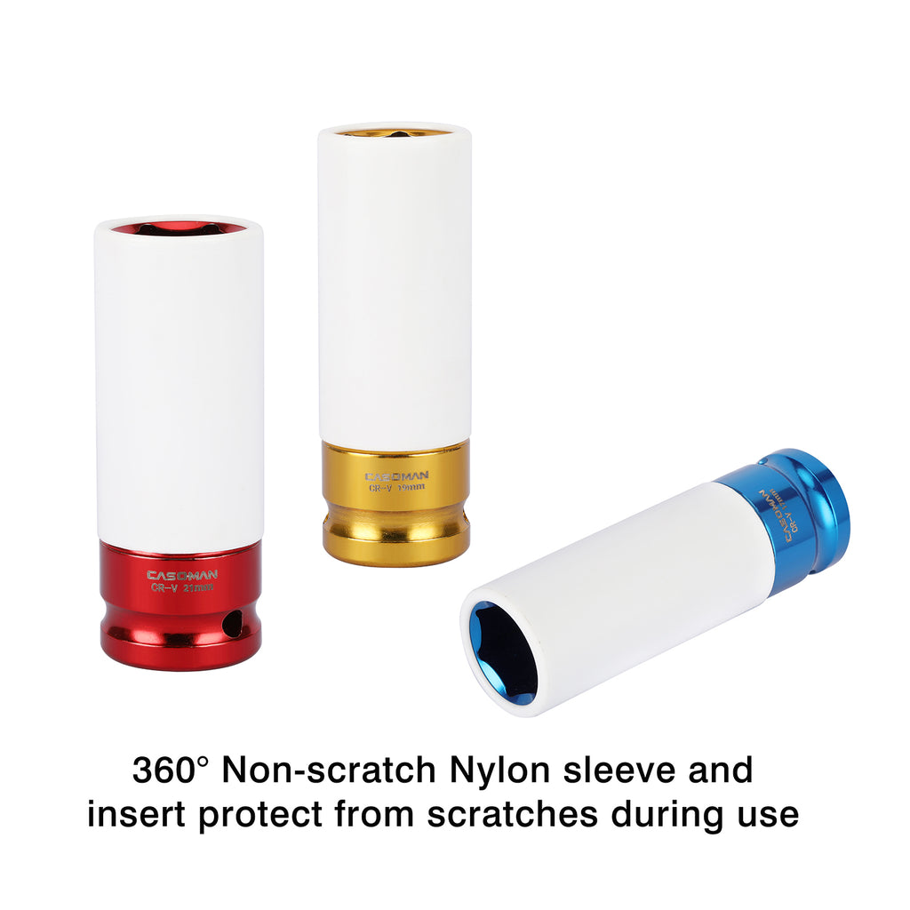 CASOMAN 1/2- Inch Drive Wheel Protector Impact Socket, Extra Thin Wall, Rim Protect Sleeves, 6 Point, Metric,17mm,19mm,21mm,22mm,23mm,24mm,27mm, 7 Pieces Set