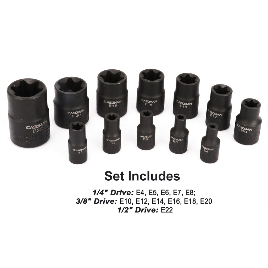 CASOMAN 25 Piece Torx Bit Socket and External Socket Set, 13 Star Socket Bits (T8- T60)& 12 Female E-Torx Sockets (E4-E22)