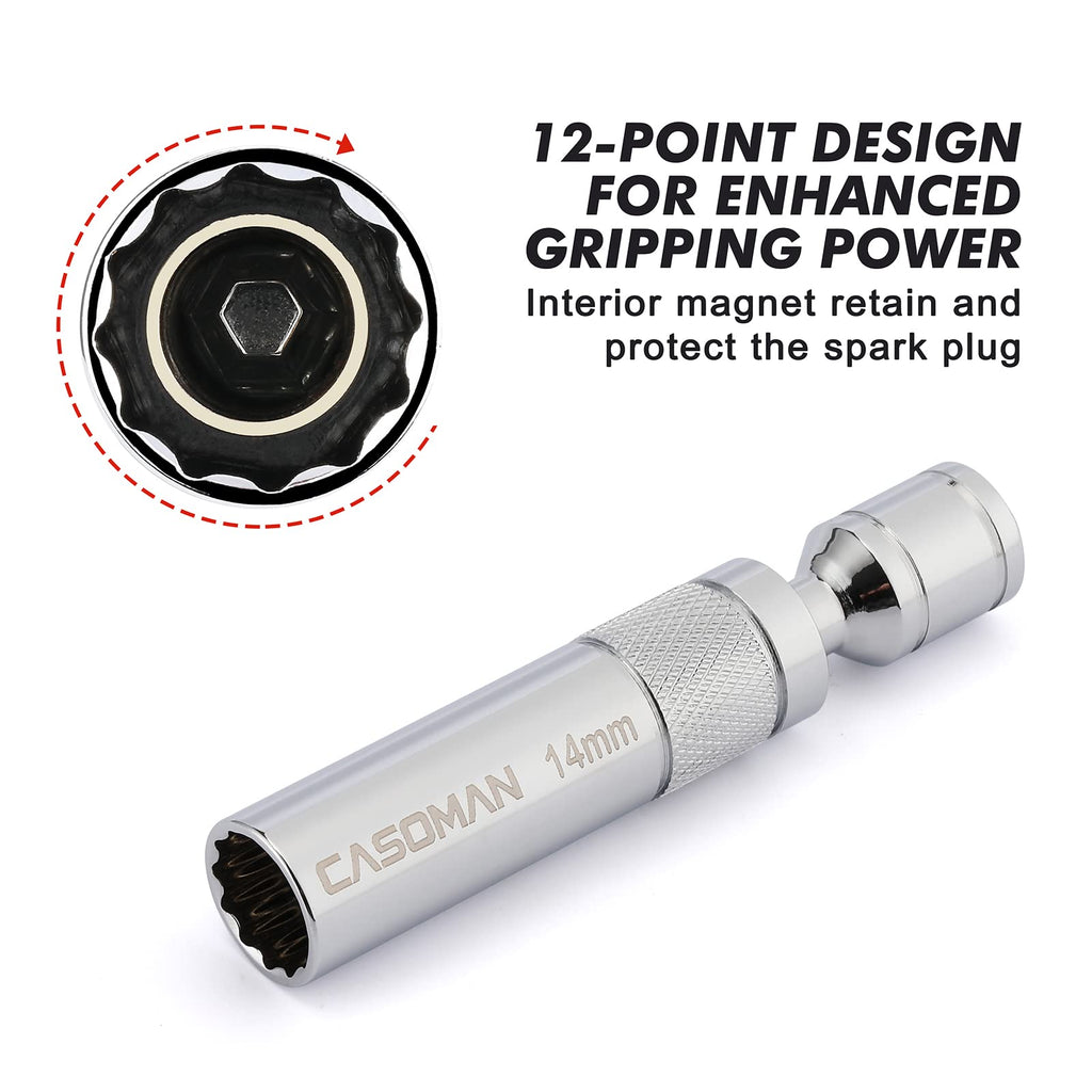 CASOMAN 6PCS 3/8-Inch Drive Magnetic Swivel Spark Plug Socket Set, Include 9/16-Inch, 5/8-Inch, 13/16-Inch, 14mm Socket, Length: 4-Inch, 6-Inch, 11-Inch, 12-Point, CR-V