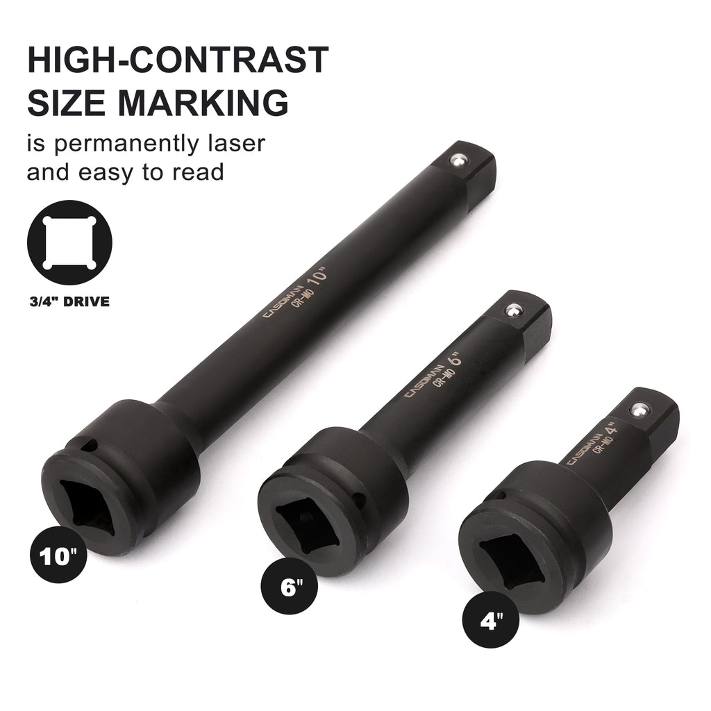 CASOMAN 3/4” Drive Impact Extension Bar, Cr-Mo Steel ,3-Piece Set , 4”, 6”, 10” ext. bar