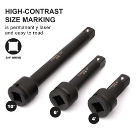 CASOMAN 3-Piece 3/4-Inch Drive Impact Extension Bar Set, 4, 6 & 10 Inch, CR-MO