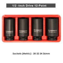 Load image into Gallery viewer, CASOMAN 1/2-Inch Drive Deep Spindle Axle Nut Impact Socket Set,12 Point, Metric, CR-MO, 30,32,34,36mm, 4-Piece 1/2" Heavy Duty Impact Socket Set
