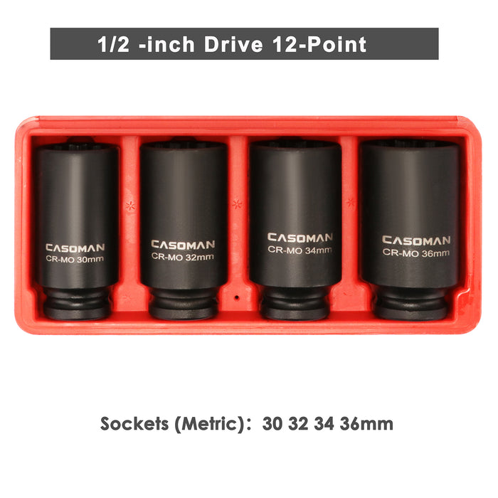 CASOMAN 1/2-Inch Drive Deep Spindle Axle Nut Impact Socket Set,12 Point, Metric, CR-MO, 30,32,34,36mm, 4-Piece 1/2" Heavy Duty Impact Socket Set
